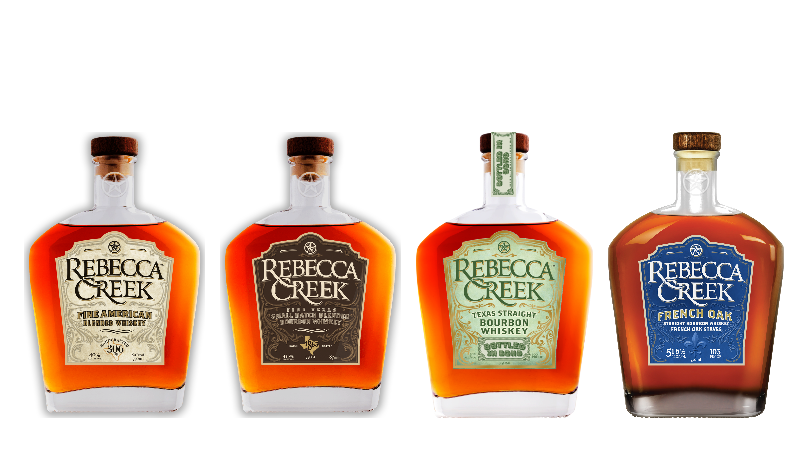 Rebecca Creek Whiskey line-up: Fine Texas Blended, Small Batch Blended Bourbon, Bottled in Bond Texas Straight Bourbon, French Oak